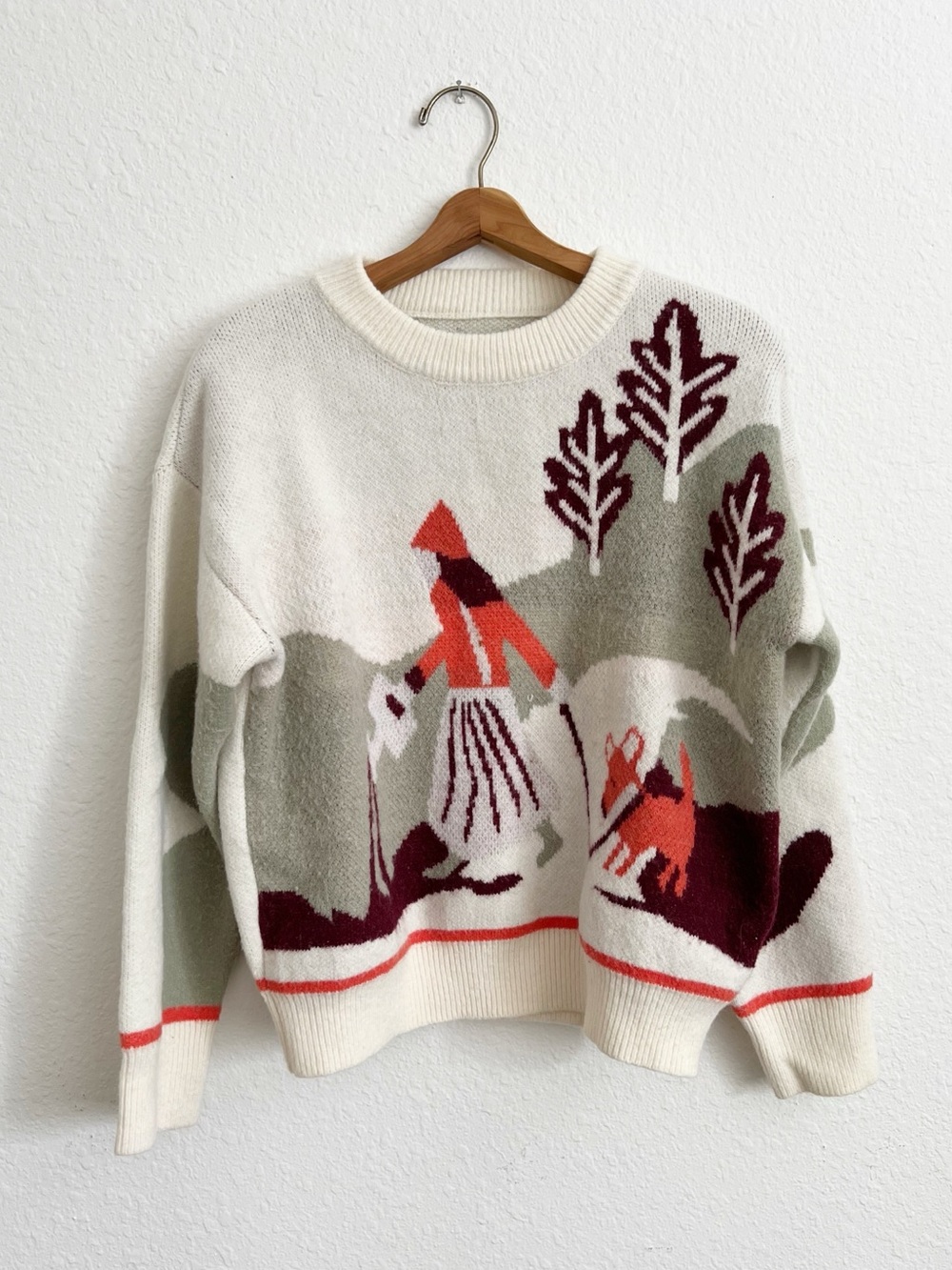 Cream Scenic Knit Crewneck Sweater with Red Accent